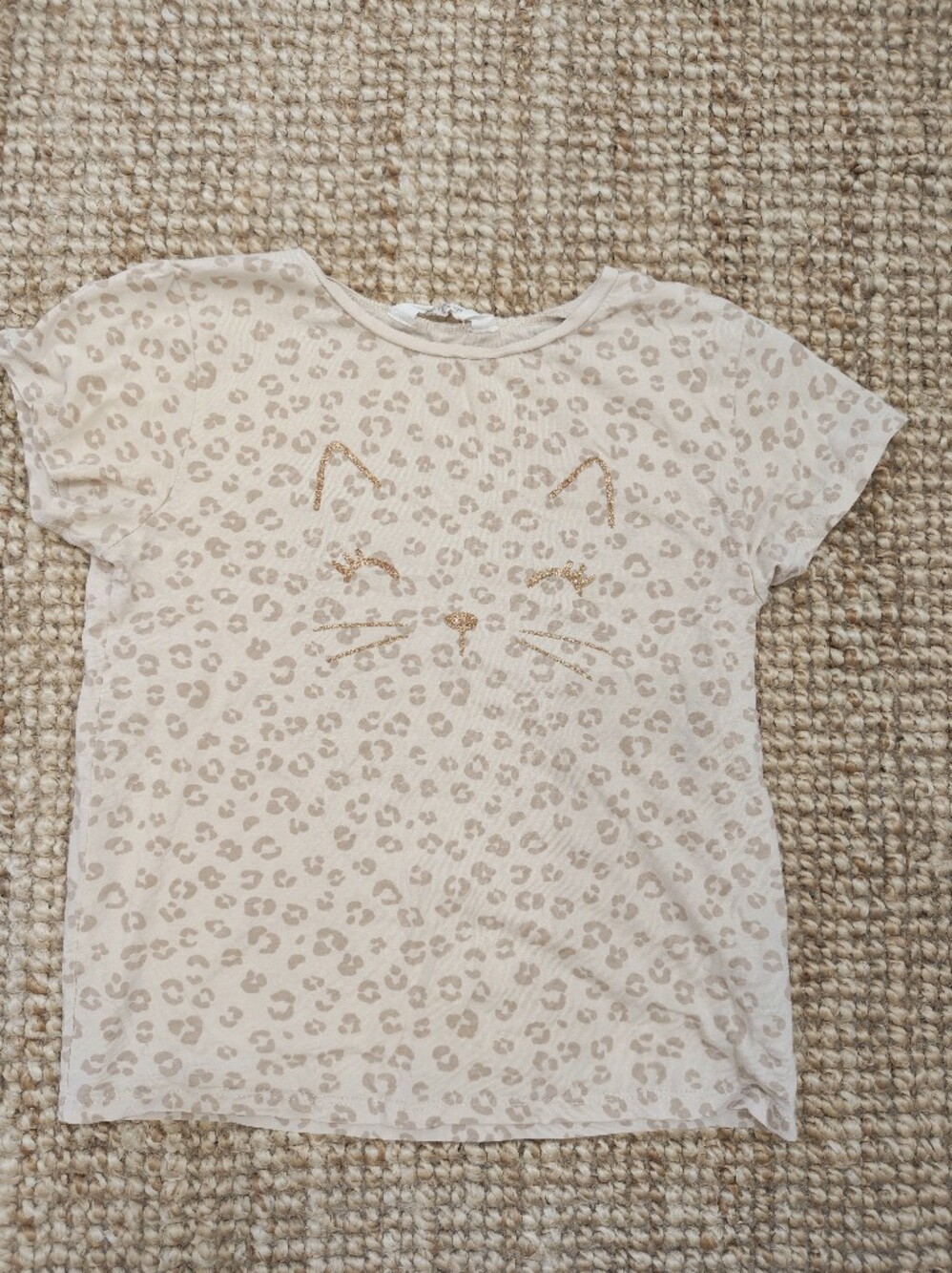 H&M Beige Leopard-Print Short Sleeve Tee with Gold Glitter Cat Face